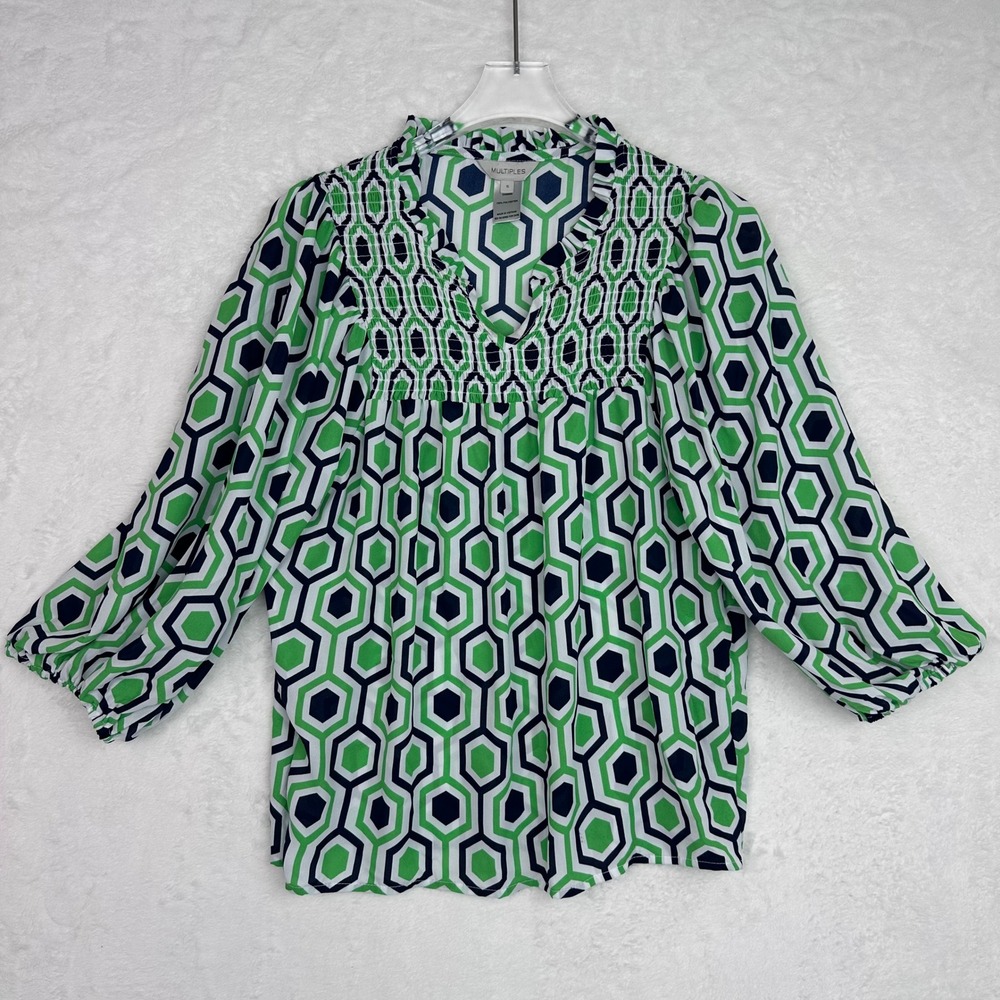Multiples Womens Green Navy Geometric Honeycomb Smocked Ruffle V-Neck Blouse S